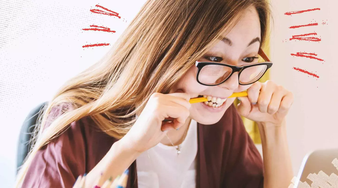 Anxious Woman Biting Pencil