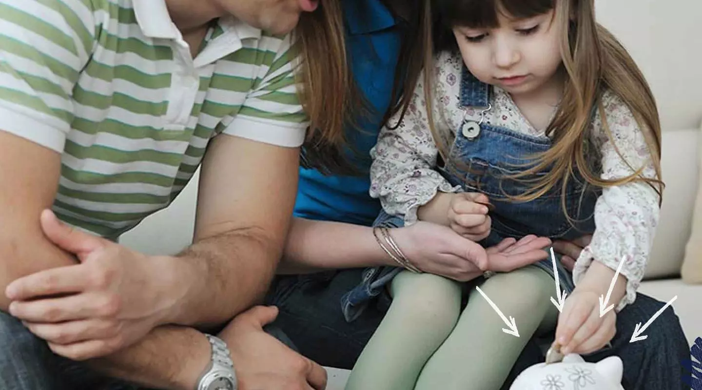 family and child saving money piggy bank