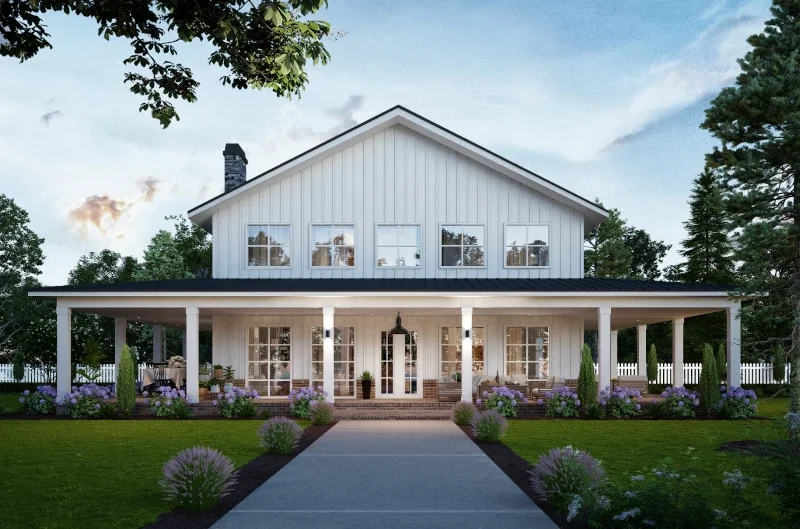 white barndominium front view