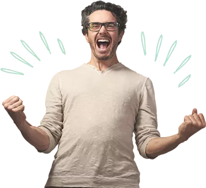 Excited smiling man making two fists wearing glasses and a beige t-shirt. 