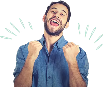Excited smiling man putting up two fists